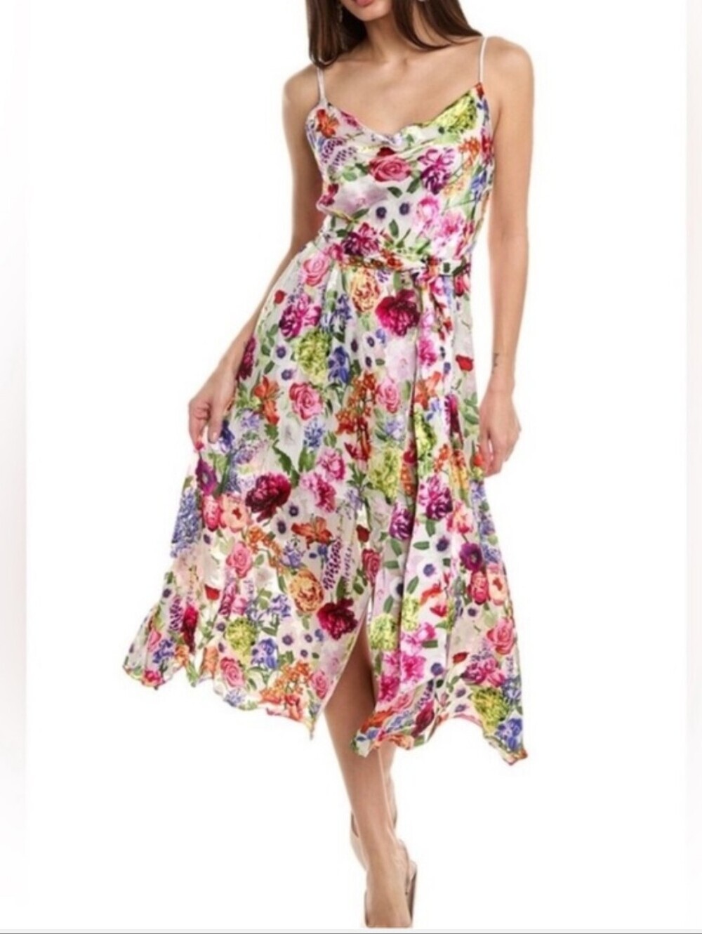 Alice + Olivia Samantha Cowl Neck Floral Silk Blend Midi Dress 14 Burnout Fabric